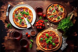 illustration of pizza party dinner. Flat-lay of various kinds of Italian pizza, salad and red wine in glasses over rustic wooden table, top view, wide composition photo