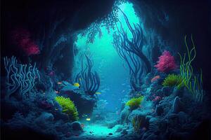 illustration of underwater world at the depth of the ocean. Underwater gorges and tunnel, organisms and fish. Underwater deep world, sea darkness, algae glow, blue neon, corals. photo