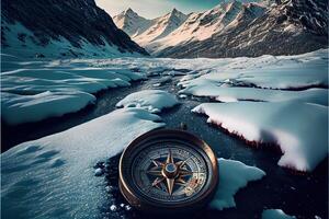 illustration of Winter landscape, frozen mountain rivers and slopes of mountains in the snow, Ancient antique compass in the snow photo