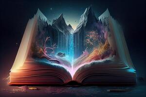 illustration of book of knowledge, universe, fantasy epic atmosphere, beautiful visual effects. Knowledge open new world. photo