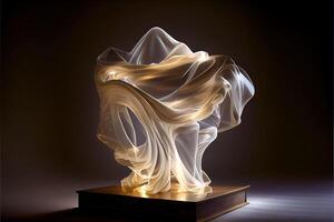 illustration of levitating moving twisting translucent cloth covering glowing objects in dark background photo