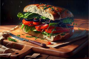 illustration of luxury italian sun sandwich, sitting on a wood board in a small Italian deli photo