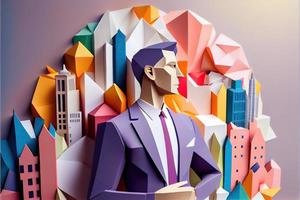 negocio hombre en el ciudad fondo, vistoso. negocio apretón de manos, exitoso concepto. papel cortar artesanía, 3d papel ilustración estilo. neural red generado Arte. foto