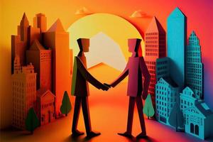 Business man in the city background, colorful. Business handshaking, successful concept. Paper cut craft, 3d paper illustration style. Neural network generated art. photo