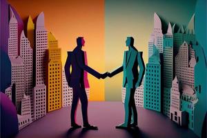 Business man in the city background, colorful. Business handshaking, successful concept. Paper cut craft, 3d paper illustration style. Neural network generated art. photo