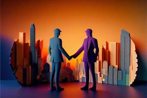 Business man in the city background, colorful. Business handshaking, successful concept. Paper cut craft, 3d paper illustration style. Neural network generated art. photo