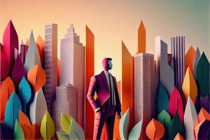 Business man in the city background, colorful. Business handshaking, successful concept. Paper cut craft, 3d paper illustration style. Neural network generated art. photo