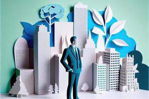 Business man in the city background, colorful. Business handshaking, successful concept. Paper cut craft, 3d paper illustration style. Neural network generated art. photo