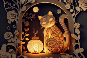 illustration of Paper cut craft, quilling multi dimensional Vietnamese style, cute zodiac kitty cat with lanterns in background, chinese new year. 3d paper illustration style. photo