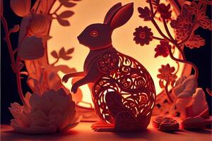 illustration of Paper cut craft, quilling multi dimensional Chinese style, cute zodiac bunny rabbit with lanterns in background, chinese new year. 3d paper illustration style. photo