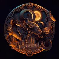 illustration of cyberpunk Zodiac sign with a industrial smoke, mechanic detail on shoulders, pollution, centered inside intricate gold and fire circle of city and Skyscrapers, steam punk photo