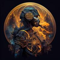 illustration of cyberpunk Zodiac sign with a industrial smoke, mechanic detail on shoulders, pollution, centered inside intricate gold and fire circle of city and Skyscrapers, steam punk photo