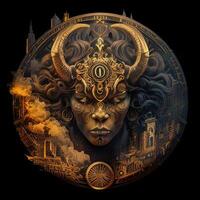 illustration of cyberpunk Zodiac sign with a industrial smoke, mechanic detail on shoulders, pollution, centered inside intricate gold and fire circle of city and Skyscrapers, steam punk photo