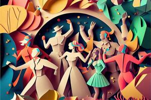 generativo ai ilustración de personas en nuevo años víspera fiesta fondo, hombres y mujer celebrando Días festivos juntos, ir de fiesta, aplausos y baile. papel cortar artesanía, 3d papel ilustración estilo. foto