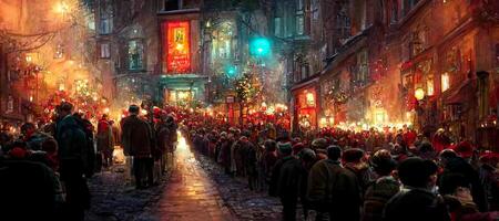 illustration of night crowded christmas in european town street, winter abstract landscape. Christmas scene. Banner header. Digital art. photo