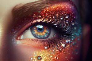 illustration of beautiful female eyes with carnival glass sparkly eyeshadow. Close focus. photo