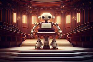 illustration of robot playing the piano in a grand concert hall photo