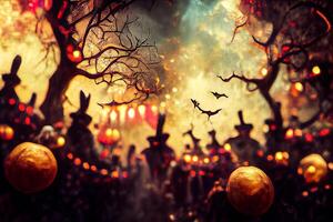 illustration of Colorful halloween indoor party, children playing on night halloween street, creepy castle, american neighborhood background. Digitally generated image. photo