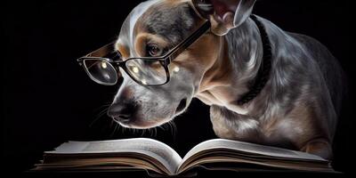Generative AI illustration of Intelligent serious dog in glasses reading a book, volumn light photo