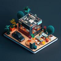 illustration of Office on smart phone, isometric diorama, land plot, pop color, colorful. Digitally generated image photo