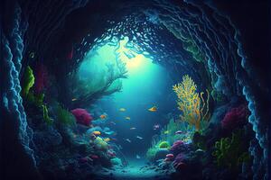 generativo ai ilustración de submarino mundo a el profundidad de el océano. submarino gargantas y túnel, organismos y pez. submarino profundo mundo, mar oscuridad, algas brillo, azul neón, corales foto