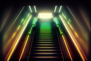 illustration of underground escalator with neon illumination, dynamic lights, upward movement, stairs photo