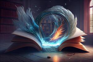 illustration of book of knowledge, universe, fantasy epic atmosphere, beautiful visual effects. Knowledge open new world. photo