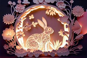 illustration of Paper cut craft, quilling multi dimensional Chinese style, cute zodiac bunny rabbit with lanterns in background, chinese new year. 3d paper illustration style. photo