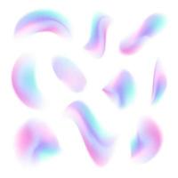 Set of spot holographic brush strokes. Blurred Gradient Abstract shapes colorful fluid paint. Collection of isolated elements of y2k shimmering design elements. Vector asymmetric illustration