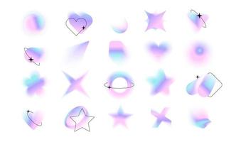 Blurred gradient holographic shapes set with black linear forms and sparkles.Big blurry aura aesthetic elements collection in y2k style. Modern minimalist design element with blur effect. eps10 vector