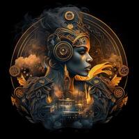 illustration of cyberpunk Zodiac sign with a industrial smoke, mechanic detail on shoulders, pollution, centered inside intricate gold and fire circle of city and Skyscrapers, steam punk photo