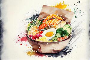 illustration of knolling japanese cuisine food, watercolor paint style, set of asian food photo