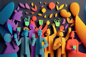 illustration of People in New Year's Eve party background, men and women celebrating holidays together, partying, cheering and dancing. Paper cut craft, 3d paper illustration style. photo