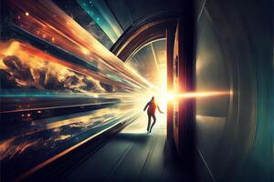 illustration of traveling through the door of the future with the speed of light photo