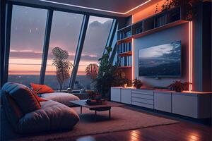 generativo ai ilustración de confortable vivo habitación desde el año 2050, escandinavo japonés ciencia ficción diseño foto