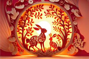 illustration of Paper cut craft, quilling multi dimensional Chinese style, cute zodiac bunny rabbit with lanterns in background, chinese new year. 3d paper illustration style. photo