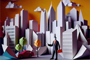 Business man in the city background, colorful. Business handshaking, successful concept. Paper cut craft, 3d paper illustration style. Neural network generated art. photo