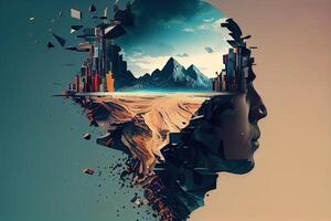 illustration of a mind in flux, a surreal digital artwork of a person's face fragmented into disparate states, state in mind, sad, negative, worry photo