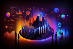 illustration of crypto market data, chart, silhouette crypto currency market, isometric, colorful gradient background photo