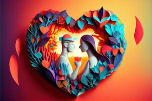 illustration of origami Valentine day background, happy couple, colorful. Paper cut craft, 3d paper style. Neural network generated art. Digitally generated image photo