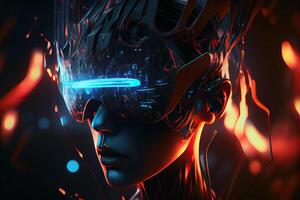 illustration of Metaverse concept and virtual world elements. Side view of human face in augmented or virtual reality headset inside the metaverse photo