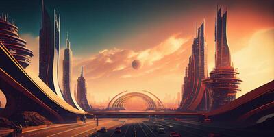 illustration of fantasy futuristic city with highways and skyscrapers, cyber city photo