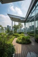 illustration of Gorgeous garden on the rooftop of a contemporary glass office building in Asia photo