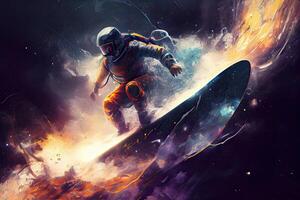 illustration of a space explorer riding a rocket-powered surfboard through an asteroid field, in a digital art style with a galactic color palette photo