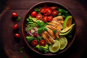 illustration of healthy salad bowl with quinoa, tomatoes, chicken, avocado, lime and mixed greens, lettuce, parsley on wooden background top view. Food and health. photo