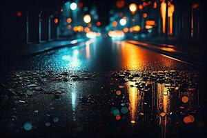 illustration of a light effect, blurred background. Wet asphalt, night view of the city, neon reflections on the concrete floor. Dark abstract background, dark empty street photo