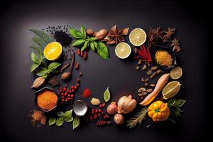 illustration of wide variety spices and herbs on background of black table, with empty space photo