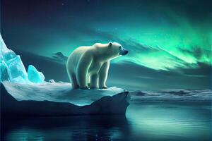 generativo ai ilustración de solitario blanco oso en iceberg, Aurora cielo foto