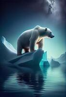 illustration of lonely white bear on iceberg, aurora sky photo