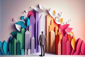 Business man in the city background, colorful. Business handshaking, successful concept. Paper cut craft, 3d paper illustration style. Neural network generated art. photo